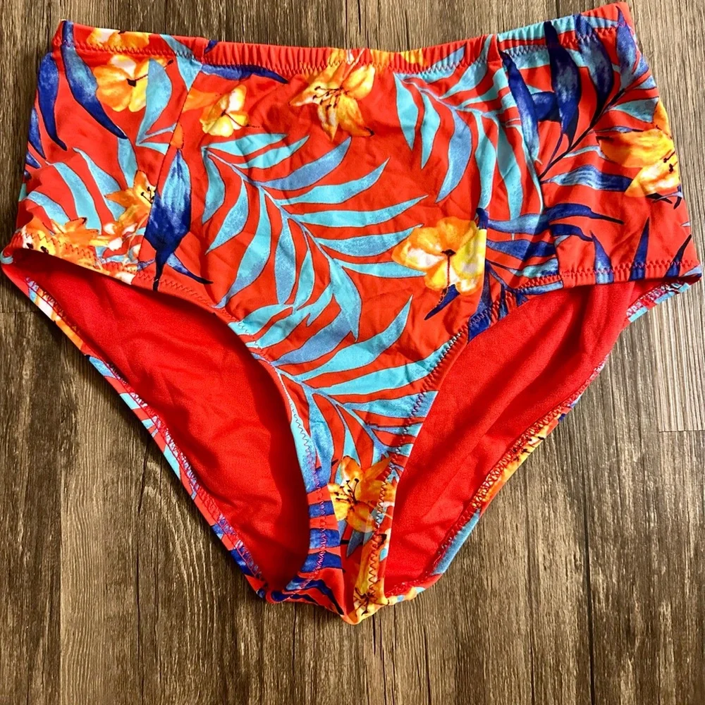 Orange and Blue High-Waisted Bikini with Tropical Print - Picture 2 of 3